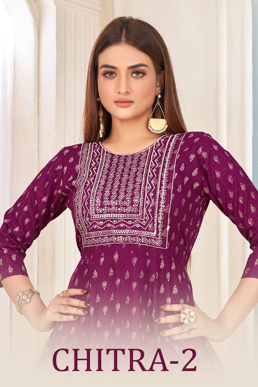 Chitra 2 Rayon Gold Print Long Anarkali Kurtis Catalog